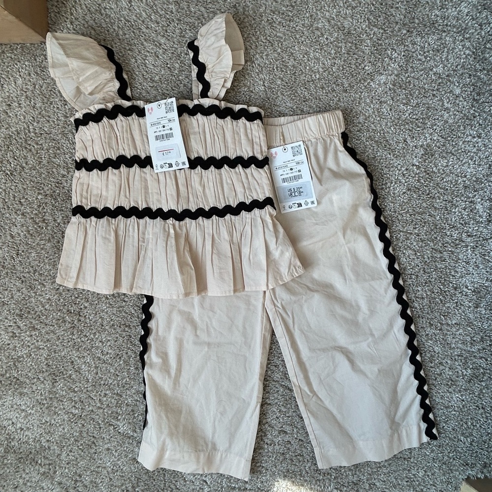 Zara Baby Girls Cream and Black Ruffle Top and Pants Set